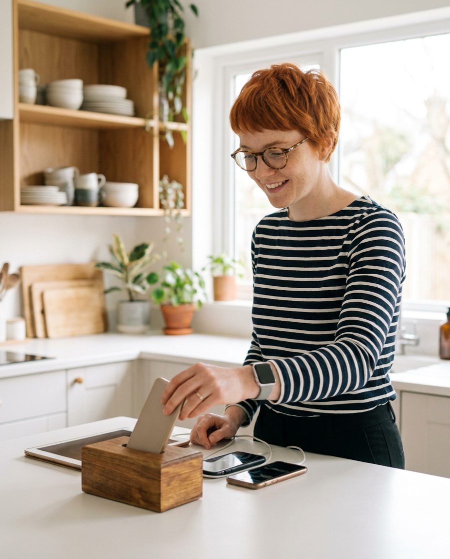 Phones going into a wooden box at the kitchen bench